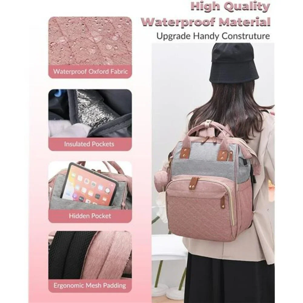 Pink Grey Diaper Bag Backpack with Changing Station Waterproof Baby Travel Bag